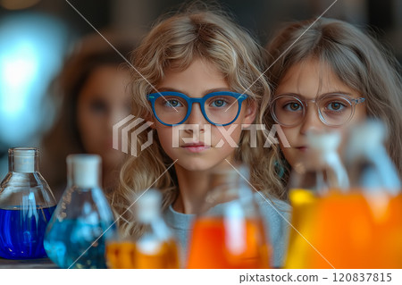 Group of children wearing safety glasses, focused on colorful test bottles in a laboratory setting 120837815