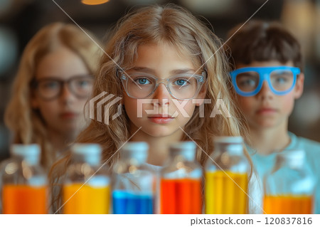 Group of children wearing safety glasses, focused on colorful test bottles in a laboratory setting Group of children wearing safety glasses, focused on colorful test bottles in a laboratory setting 120837816