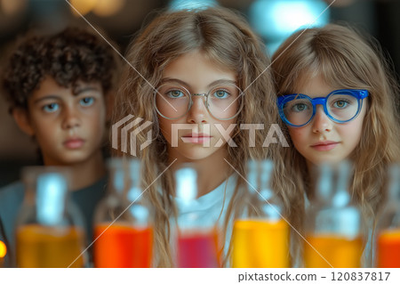 Group of children wearing safety glasses, focused on colorful test bottles in a laboratory setting 120837817