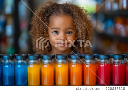 Group of children wearing safety glasses, focused on colorful test bottles in a laboratory setting Group of children wearing safety glasses, focused on colorful test bottles in a laboratory setting 120837818