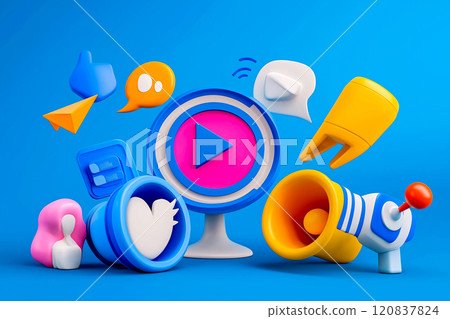 Social media icons, including a play button, megaphone, speech bubbles, and engagement tools Social media icons, including a play button, megaphone, speech bubbles, and engagement tools 120837824