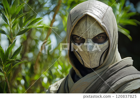 Mysterious warrior in a hood and detailed mask blends into a lush forest setting Mysterious warrior in a hood and detailed mask blends into a lush forest setting 120837825