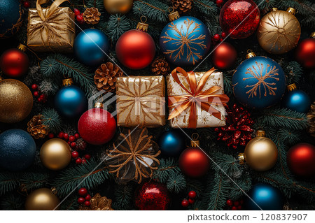 Christmas background with decorations. With copyspace Christmas background with decorations. With copyspace 120837907