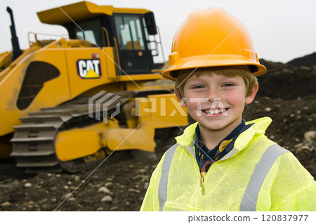 A smiling young boy wearing a safety vest and hard hat standing in front of a bulldozer A smiling young boy wearing a safety vest and hard hat standing in front of a bulldozer 120837977