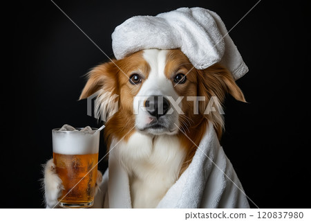 Dog wearing a towel wrap and holding cocktail 120837980