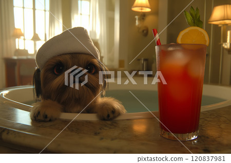 Dog wearing a towel wrap and holding cocktail 120837981