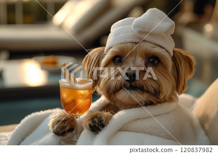 Dog wearing a towel wrap and holding cocktail Dog wearing a towel wrap and holding cocktail 120837982