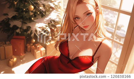 圣诞氛围中一名身穿紧身圣诞连衣裙的美丽女人插画 120838166
