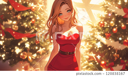 圣诞氛围中一名身穿紧身圣诞连衣裙的美丽女人插画 120838167