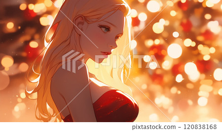 圣诞氛围中一名身穿紧身圣诞连衣裙的美丽女人插画 120838168