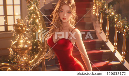 圣诞氛围中一名身穿紧身圣诞连衣裙的美丽女人插画 120838172