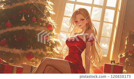 圣诞氛围中一名身穿紧身圣诞连衣裙的美丽女人插画 120838173