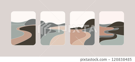 Vector illustration. A composition of dark shades of brown with accents of blue, forming an abstract image of the bend of the river at sunset. Vector illustration. A composition of dark shades of brown with accents of blue, forming an abstract image of the bend of the river at sunset. 120838485