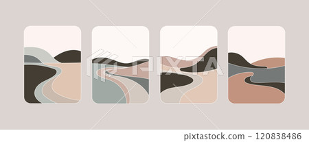 Vector illustration. A composition of dark shades of brown with accents of blue, forming an abstract image of the bend of the river at sunset. Vector illustration. A composition of dark shades of brown with accents of blue, forming an abstract image of the bend of the river at sunset. 120838486