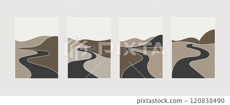 Vector illustration. a landscape in muted brown and beige tones with abstract bends of the river emphasizing calmness and naturalness. 120838490