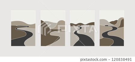 Vector illustration. A four-part composition in muted beige-brown tones with smooth curves that create an atmosphere of peace and harmony. Vector illustration. A four-part composition in muted beige-brown tones with smooth curves that create an atmosphere of peace and harmony. 120838491