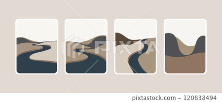 Vector illustration. A black and white landscape in a modern style, conveying the curves of the river and the surrounding hills in strict neutral colors. 120838494