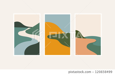 Vector illustration. A triptych with bright green, yellow and orange colors forming the bends of the river among the hills and valleys. Vector illustration. A triptych with bright green, yellow and orange colors forming the bends of the river among the hills and valleys. 120838499