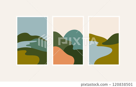 Vector illustration. An abstract landscape with contrasting blue-green hues and smooth curves creating visual harmony. 120838501