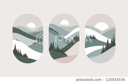 Vector illustration. Image of snowy hills covered with pine forests. A clear contrast between the white peaks and the dark green of the trees. Vector illustration. Image of snowy hills covered with pine forests. A clear contrast between the white peaks and the dark green of the trees. 120838556