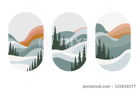 Landscape with mountain slopes covered with bright pine trees and warm shades of sunset. The mountains smoothly pass into horizons with misty overflows. 120838577