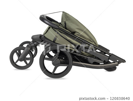 Folded Green Stroller with Black Frame and Wheels Folded Green Stroller with Black Frame and Wheels 120838640