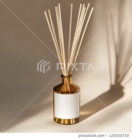 A beautifully crafted bottle of reed diffuser complete with sticks inside. Diffuser white blank label mockup A beautifully crafted bottle of reed diffuser complete with sticks inside. Diffuser white blank label mockup 120838730