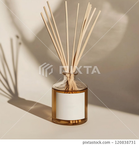 A beautifully crafted bottle of reed diffuser complete with sticks inside. Diffuser white blank label mockup A beautifully crafted bottle of reed diffuser complete with sticks inside. Diffuser white blank label mockup 120838731