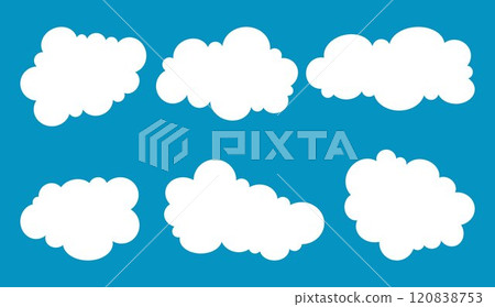 Set of speech or thought bubbles with different shapes, text chat cloud for comments, posts, comics. Fluffy clouds on blue sky background for children designs Set of speech or thought bubbles with different shapes, text chat cloud for comments, posts, comics. Fluffy clouds on blue sky background for children designs 120838753