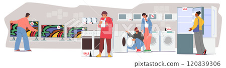 Diverse people customers cartoon characters choosing digital goods shopping at electronics store 120839306