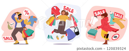 Young people crazy shopaholic cartoon characters rejoicing seasonal sale at clothing boutique store 120839324
