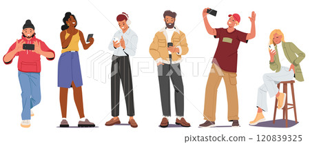 Young people cartoon characters using smartphone enjoying different hobby occupation isolated set Young people cartoon characters using smartphone enjoying different hobby occupation isolated set 120839325