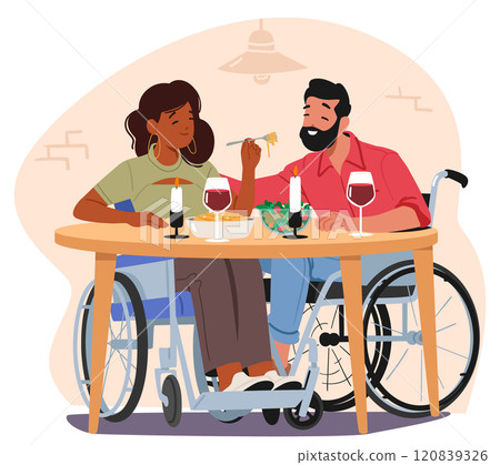 Happy loving married couple with physical injury sitting in wheelchair having dinner in restaurant 120839326