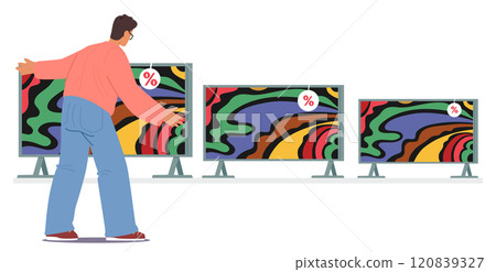 Man customer cartoon character choosing digital television observing items with different diagonals 120839327
