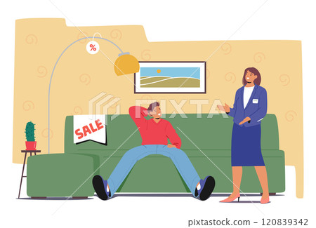 Woman shop assistant counseling man customer due to choose comfortable sofa for living room Woman shop assistant counseling man customer due to choose comfortable sofa for living room 120839342