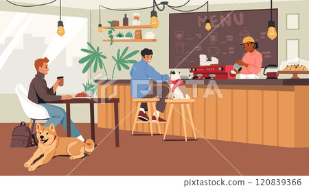 Male visitors with dogs friends resting in pet-friendly cafe with comfortable ecology space 120839366