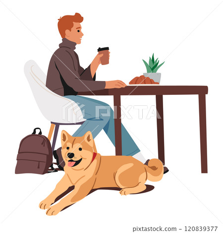 Man visitor with dog at cafe table drinking coffee eating sweet croissant vector illustration 120839377