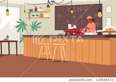 Woman barista cartoon character brewing coffee at bar counter desk in eco-friendly cafeteria 120839378