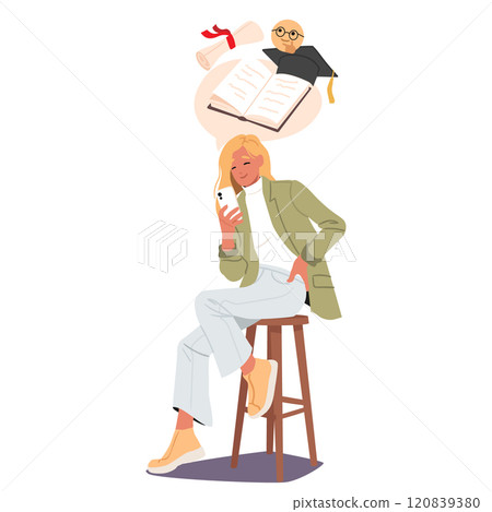 Young stylish woman cartoon character using mobile phone application for learning and studying 120839380