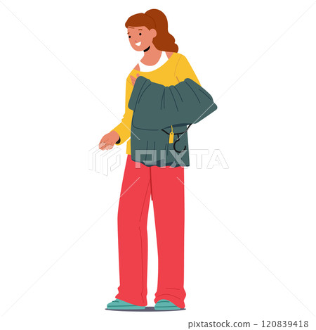 Young teenage girl cartoon character buying trendy fashion outfit holding stylish dress on hanger 120839418