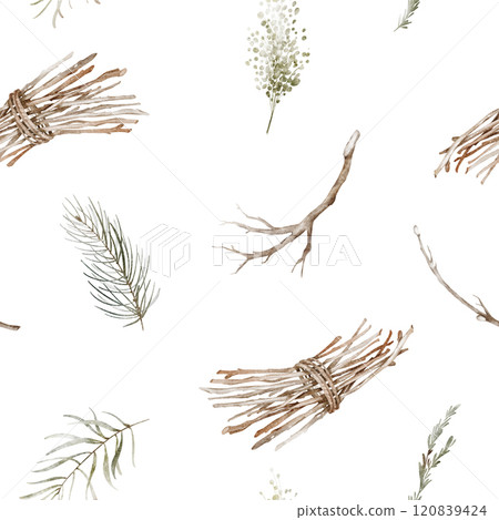 Watercolor seamless pattern with hand drawn watercolor twigs and herbs Watercolor seamless pattern with hand drawn watercolor twigs and herbs 120839424