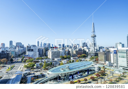 Nagoya City, Aichi Prefecture, Sunny Nagoya Cityscape, Nagoya TV Tower and Oasis 21 Nagoya City, Aichi Prefecture, Sunny Nagoya Cityscape, Nagoya TV Tower and Oasis 21 120839581