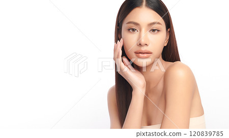 Beautiful young asian woman with clean fresh skin on white background, Face care, Facial treatment, Cosmetology, beauty and spa, Asian women portrait. Beautiful young asian woman with clean fresh skin on white background, Face care, Facial treatment, Cosmetology, beauty and spa, Asian women portrait. 120839785