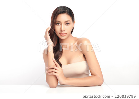 Beautiful young asian woman with clean fresh skin on white background, Face care, Facial treatment, Cosmetology, beauty and spa, Asian women portrait. Beautiful young asian woman with clean fresh skin on white background, Face care, Facial treatment, Cosmetology, beauty and spa, Asian women portrait. 120839799