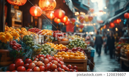 Festive Chinese New Year market with baskets of fresh fruits, red lanterns, and decorative flowers. 120839807