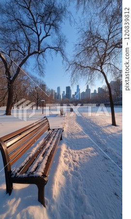 Sunlight filters through frosty trees, snow covered park benches, city skyline. Winter vertical shot 120839812