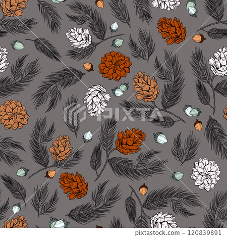 Pine Trees and Acorns Vector Seamless Pattern in Scandinavian Terracotta and Gray for Wallpapers and Fabrics Print Design 120839891
