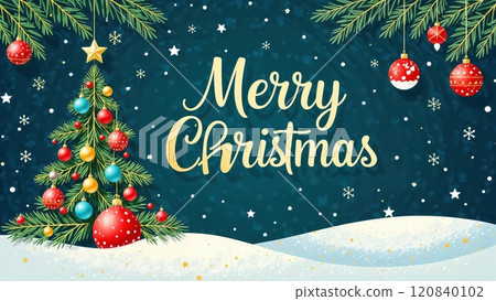 Merry Christmas and Happy New Year greeting card Set. Modern beautiful Xmas design with typography, Christmas tree branches, balls, snowflake pattern. 120840102