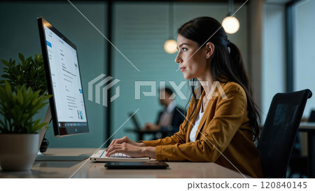 Young professional it specialist latin hispanic business lady working on laptop pc sitting at desk in modern office space. 30s middle eastern indian woman using computer technology app for work online 120840145