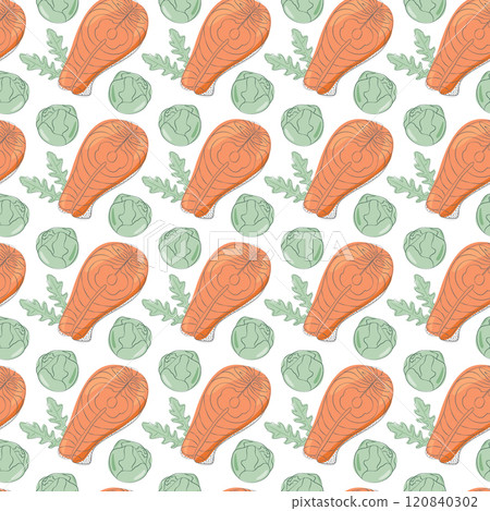 Salmon steaks, arugula leaves and brussels sprout heads Seamless pattern. Healthy food background 120840302